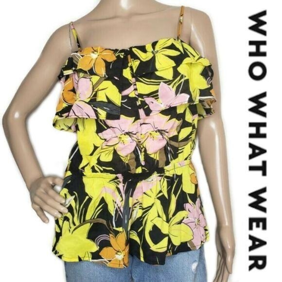 Who What Wear Womens Floral Ruffle layered detailed tank Top S Yellow & Black - Picture 1 of 8